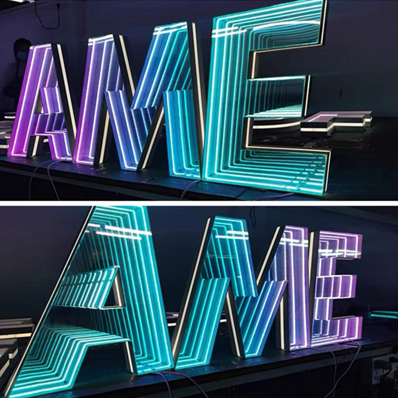 Luminescent characters thousands of mirrors abyss 3d dazzle color net red wall tunnel mirror outdoor stereoscopic landscape character door head sign customization