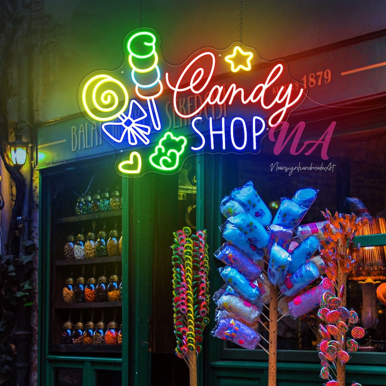 Candy Shop Neon Sign Sweet Lollipop Candy Neon Light Custom Business Logo Opening Sign Candy Store Wall Decor Candy Led Light Welcome Sign